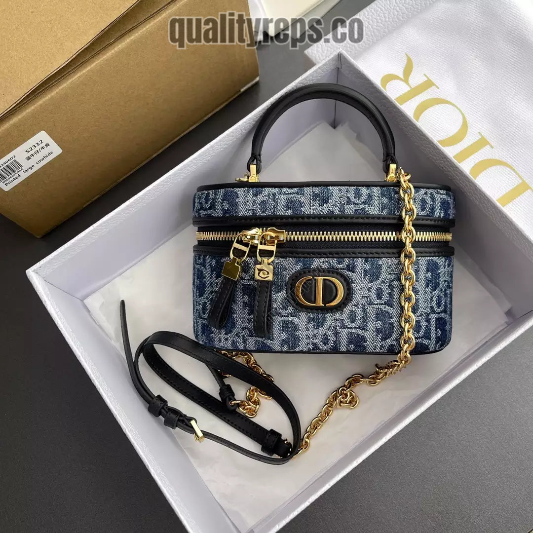 30 Montaigne Mini Vanity Case Blue Denim Dior Oblique Jacquard Quality Reps - Image 3