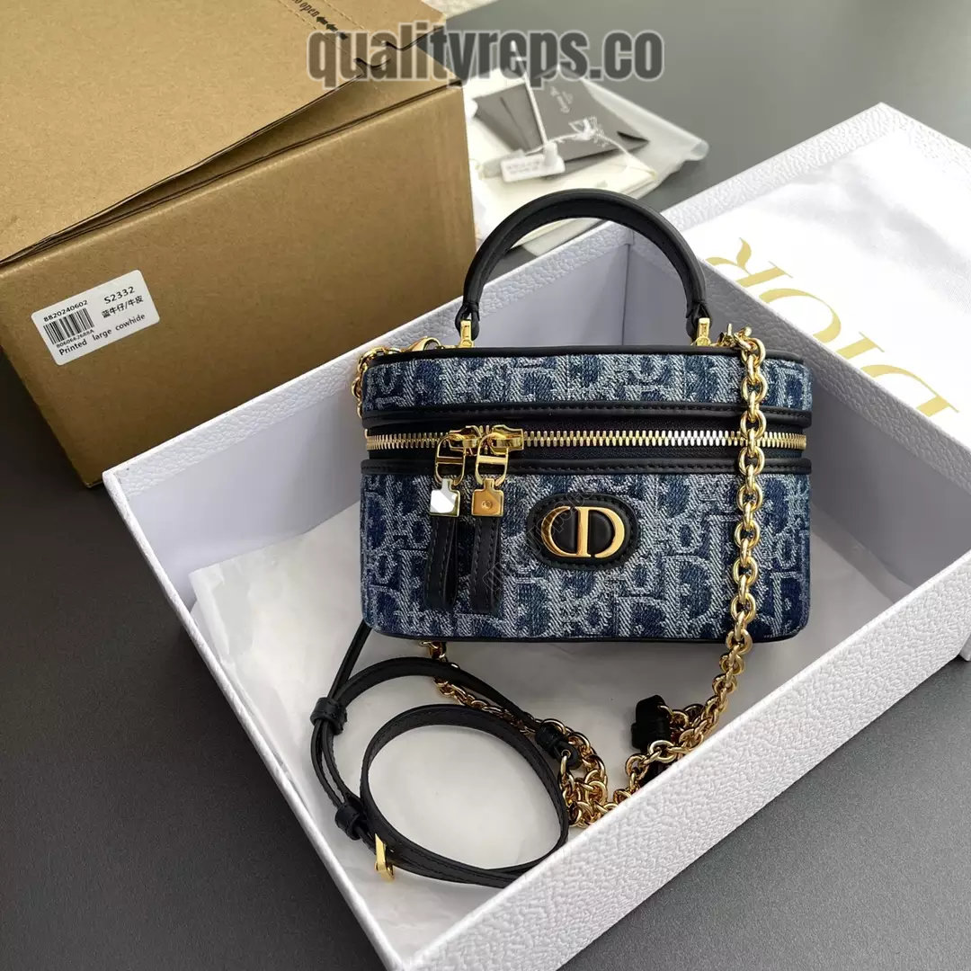 30 Montaigne Mini Vanity Case Blue Denim Dior Oblique Jacquard Quality Reps - Image 2