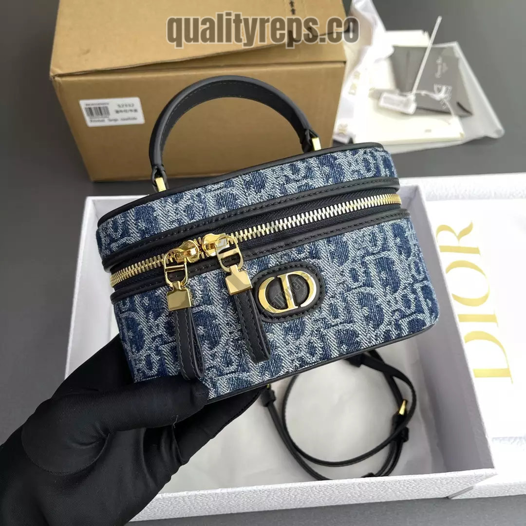 30 Montaigne Mini Vanity Case Blue Denim Dior Oblique Jacquard Quality Reps - Image 10