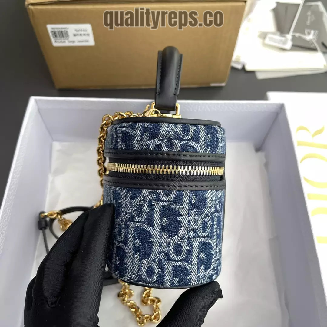 30 Montaigne Mini Vanity Case Blue Denim Dior Oblique Jacquard Quality Reps - Image 9