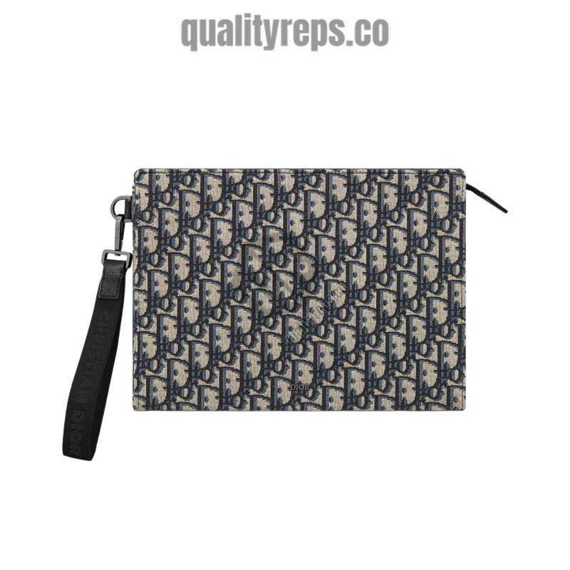 A5 Triangle Pouch Beige and Black Dior Oblique Jacquard Quality Reps