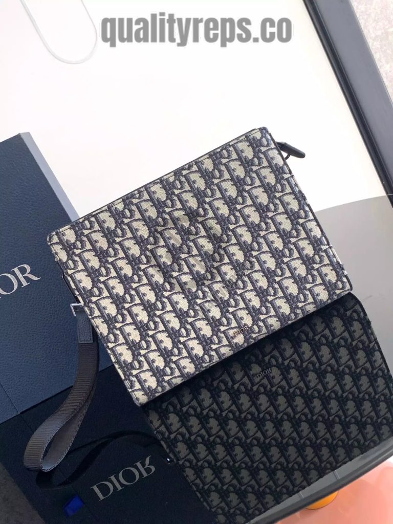A5 Triangle Pouch Beige and Black Dior Oblique Jacquard Quality Reps