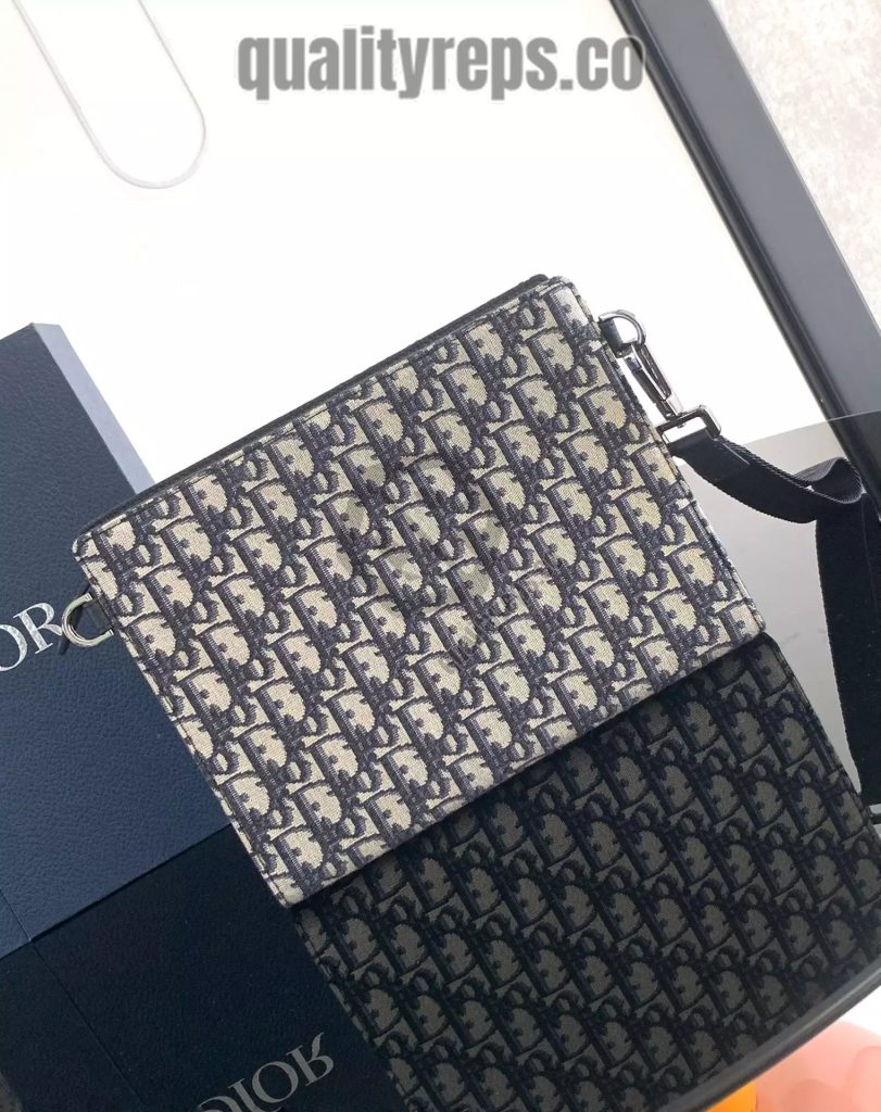 A5 Triangle Pouch Beige and Black Dior Oblique Jacquard Quality Reps