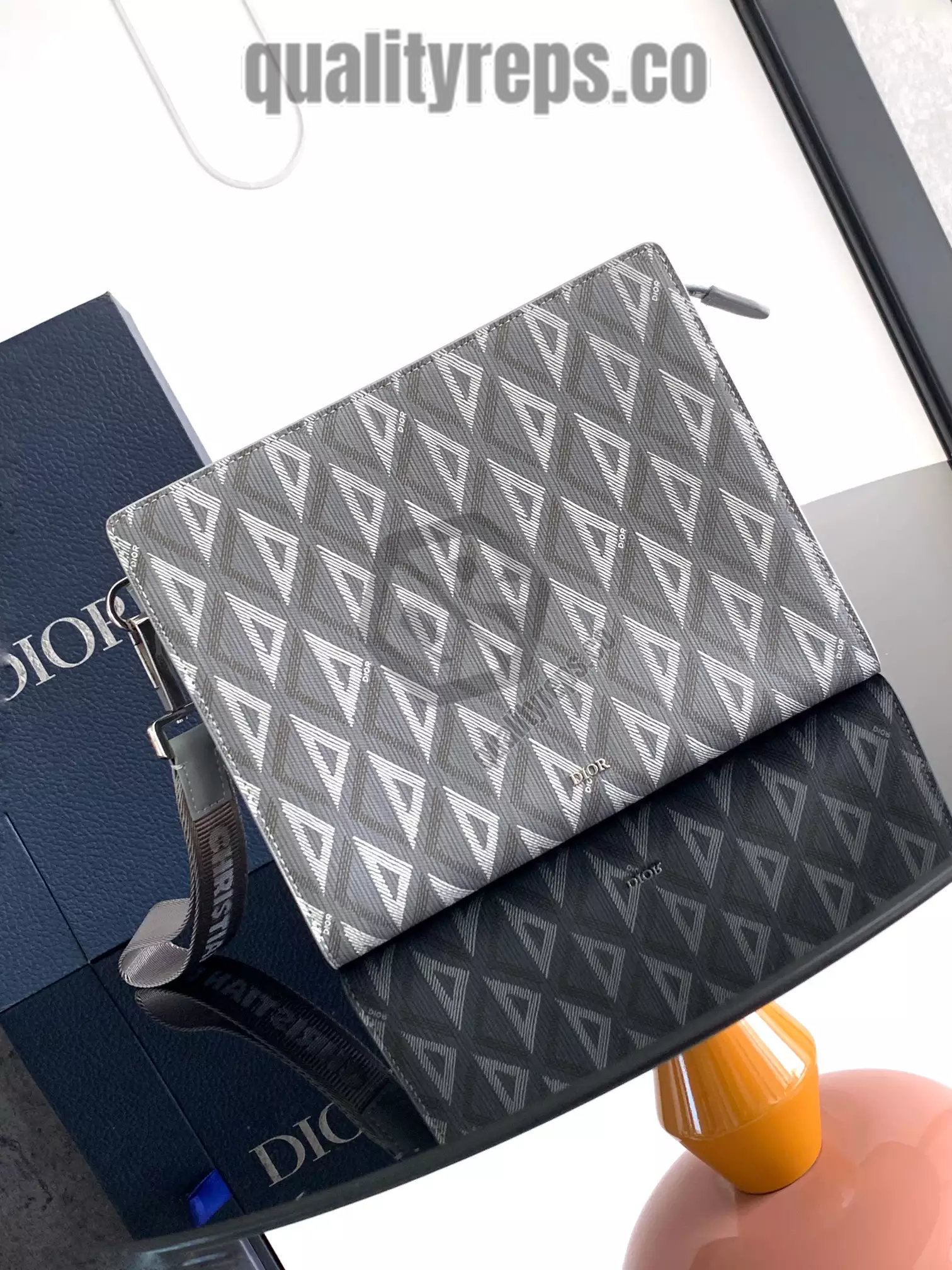 A5 Triangle Pouch Dior Gray CD Diamond Canvas Quality Reps - Image 2