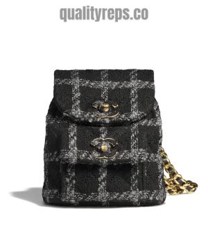 Backpack Wool Tweed Gold-Tone Metal Black Gray CB013 Quality Reps