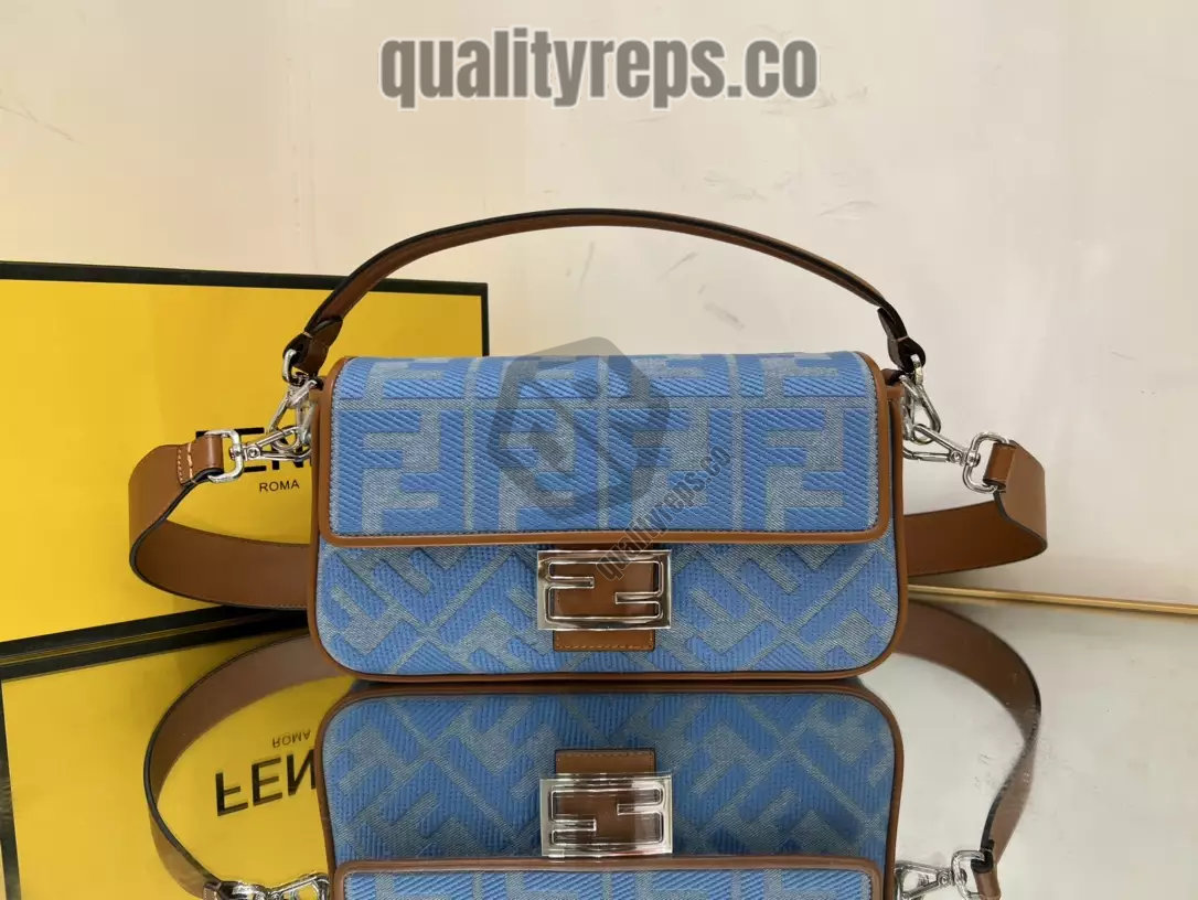 Baguette Light Blue Denim Bag with FF Embroidery Quality Reps - Image 2