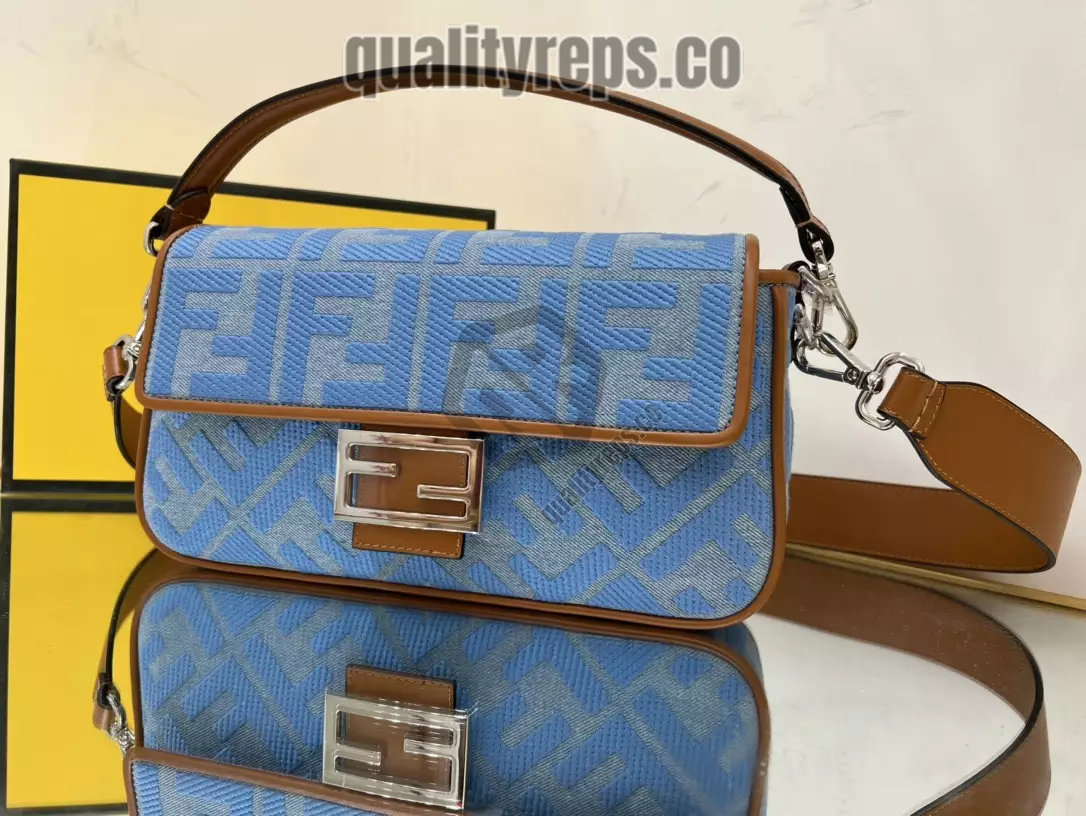 Baguette Light Blue Denim Bag with FF Embroidery Quality Reps - Image 3