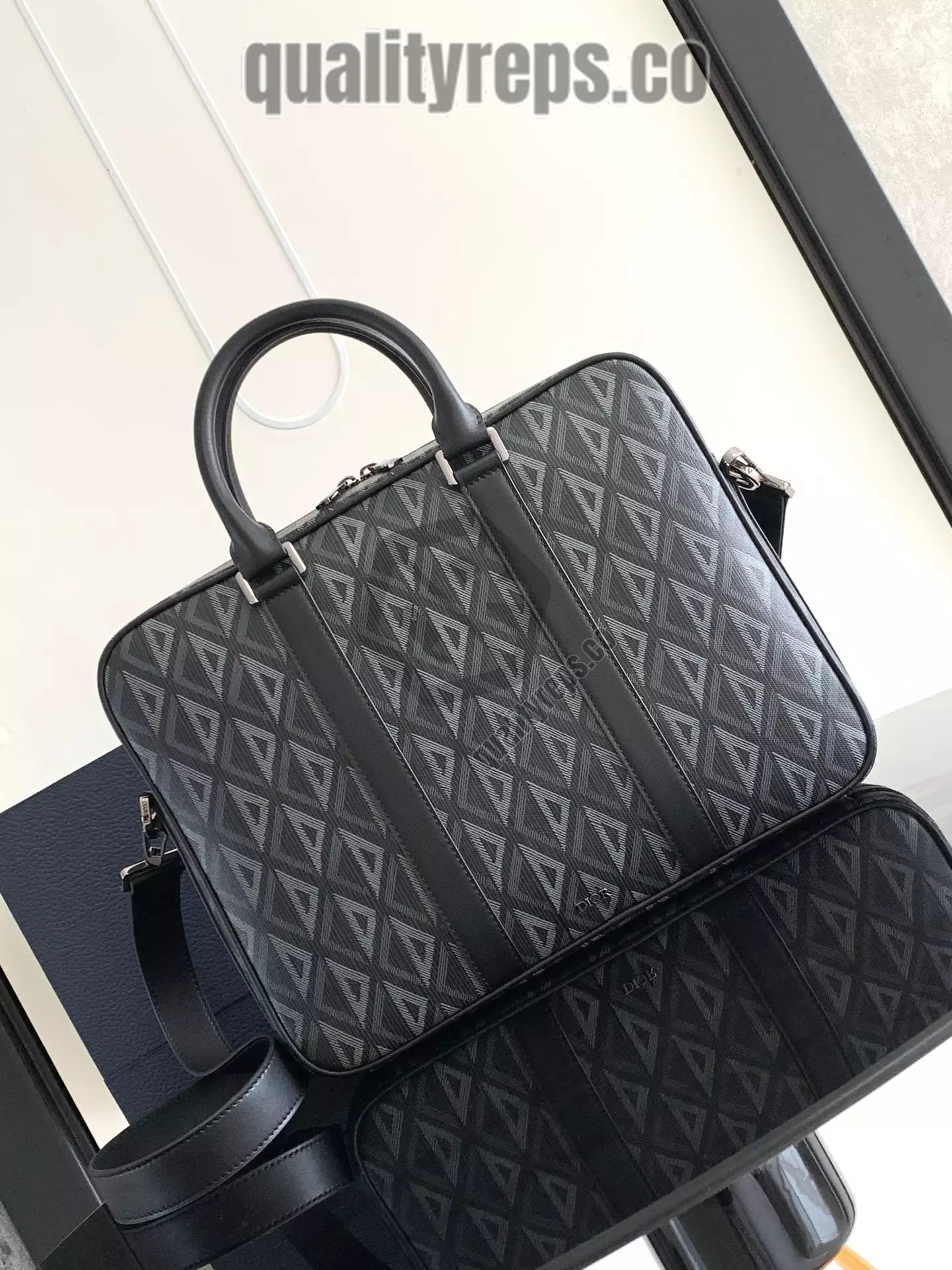 Briefcase Black CD Diamond Canvas and Black Grained Calfskin Quality Reps - Image 2
