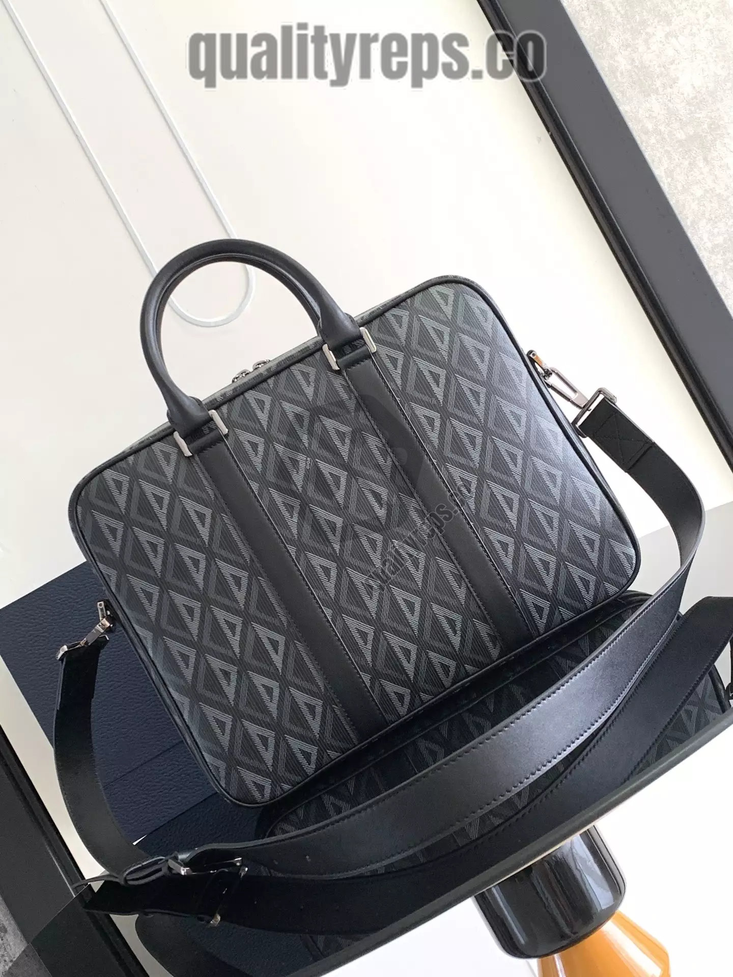 Briefcase Black CD Diamond Canvas and Black Grained Calfskin Quality Reps - Image 5