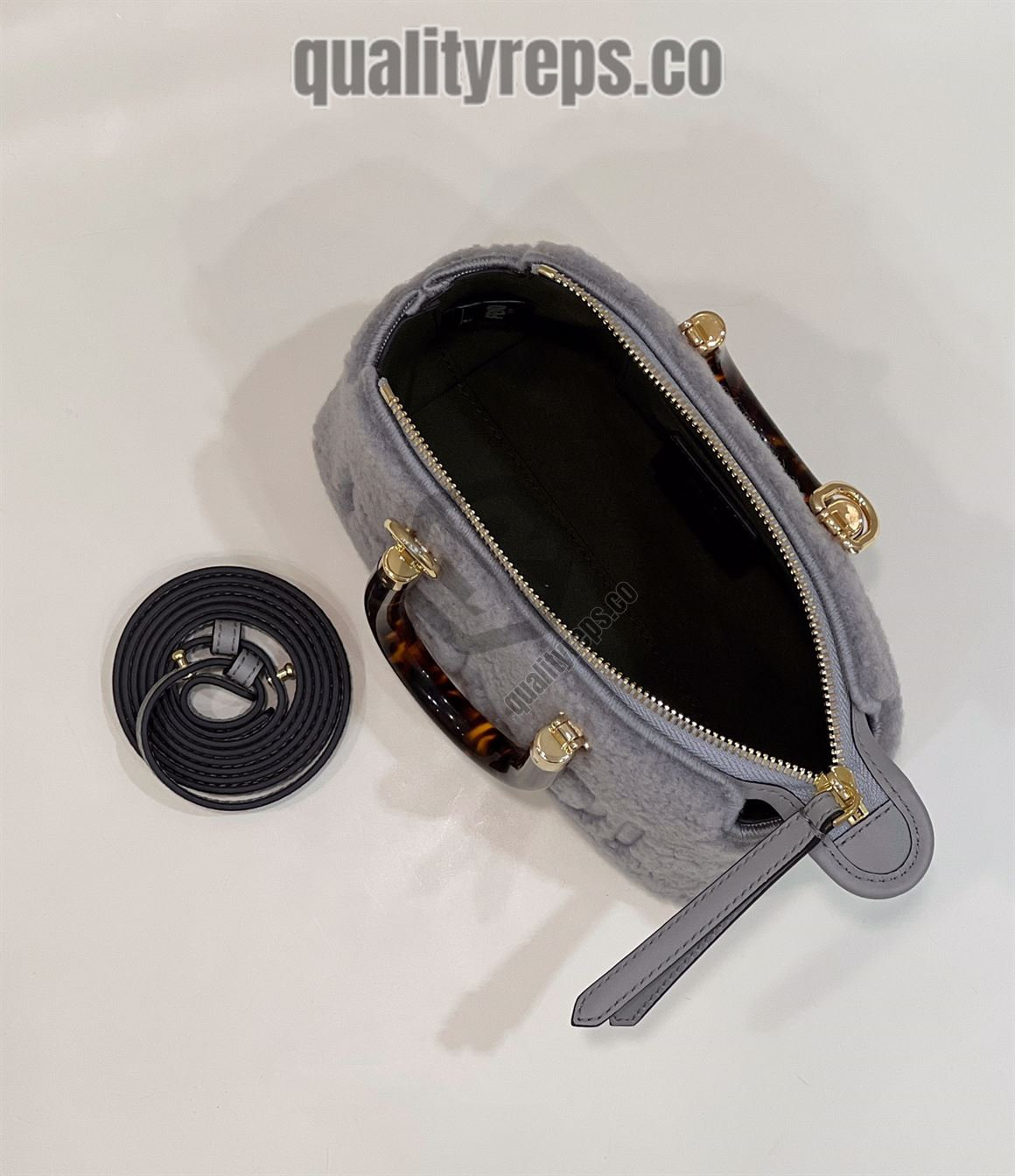 By The Way Mini Light Grey Sheepskin Small Boston Bag FB018 Quality Reps - Image 10