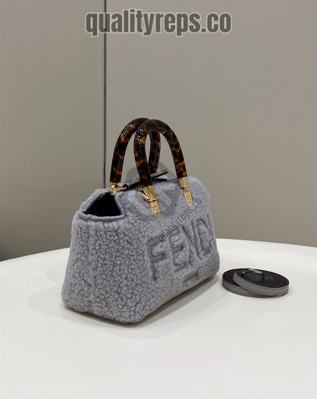 By The Way Mini Light Grey Sheepskin Small Boston Bag FB018 Quality Reps - Image 3