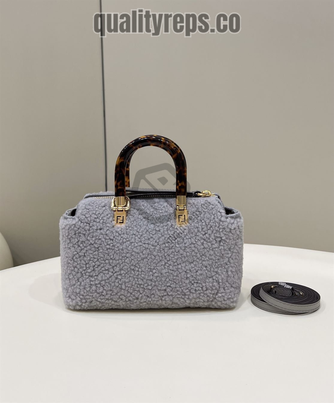 By The Way Mini Light Grey Sheepskin Small Boston Bag FB018 Quality Reps - Image 4