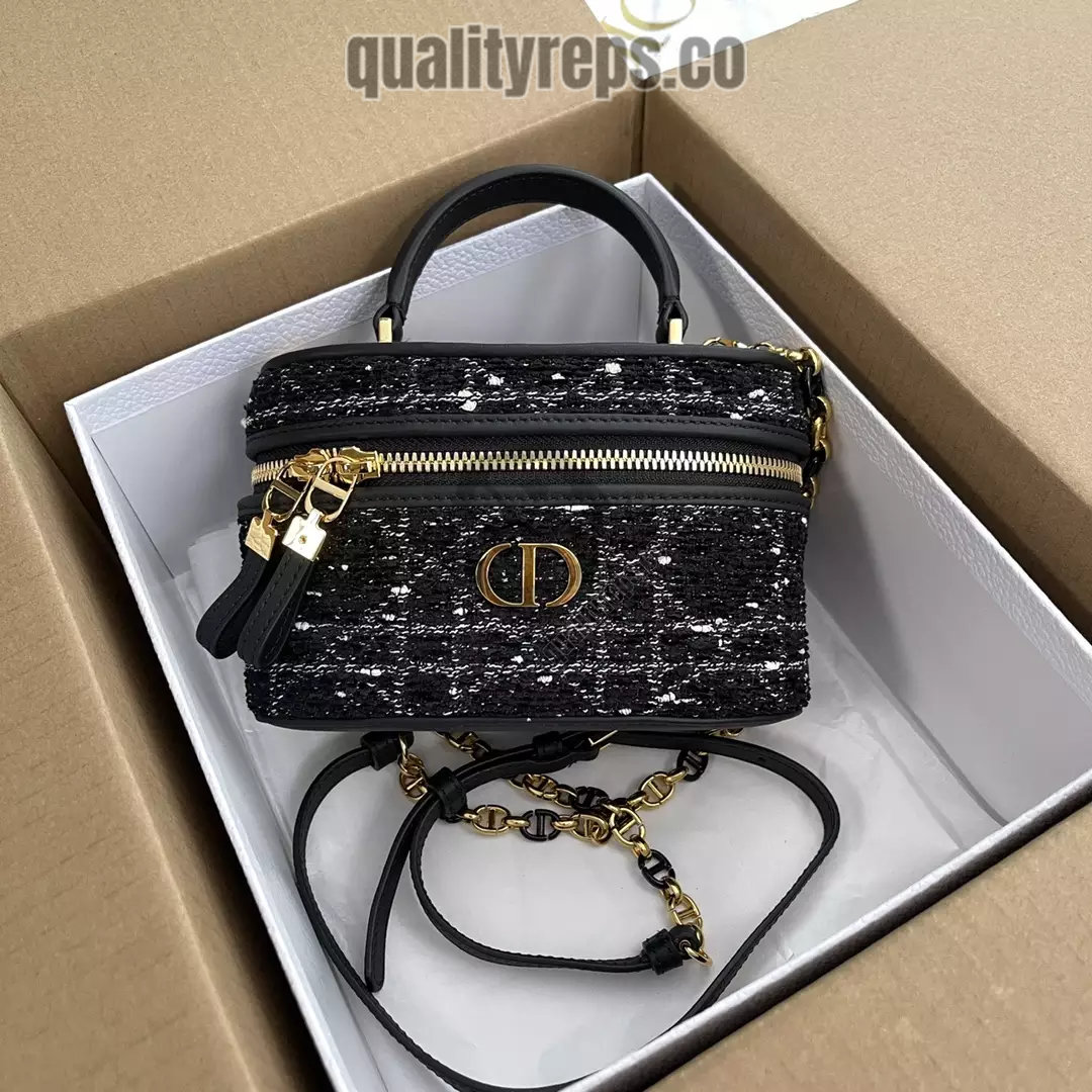 Dior Caro Mini Vanity Case Black Cannage Tweed Embroidery Quality Reps - Image 2