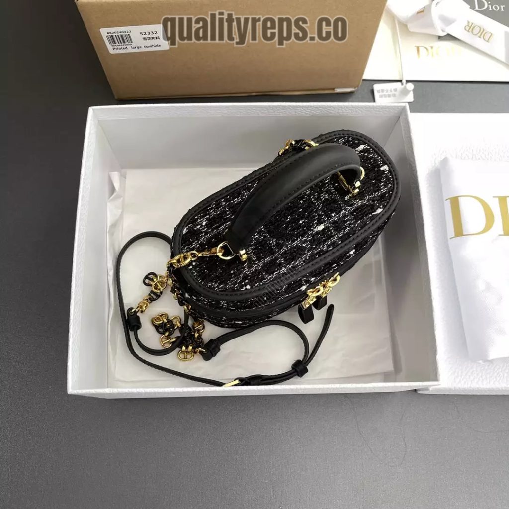 Dior Caro Mini Vanity Case Black Cannage Tweed Embroidery Quality Reps
