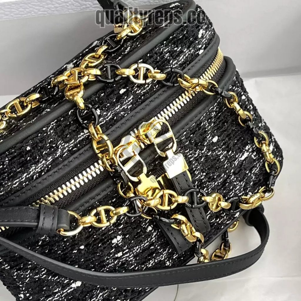 Dior Caro Mini Vanity Case Black Cannage Tweed Embroidery Quality Reps
