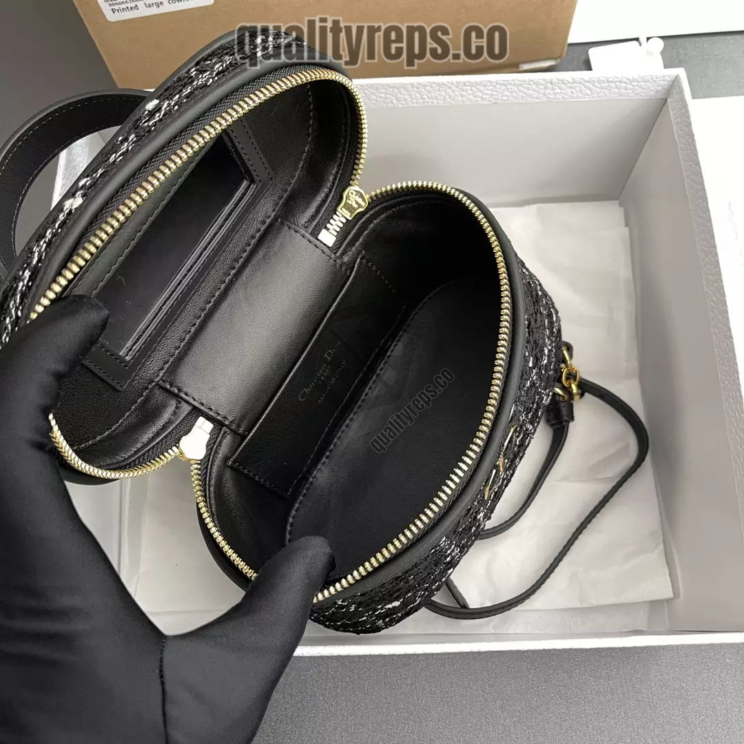 Dior Caro Mini Vanity Case Black Cannage Tweed Embroidery Quality Reps - Image 7
