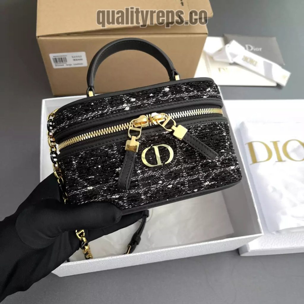 Dior Caro Mini Vanity Case Black Cannage Tweed Embroidery Quality Reps