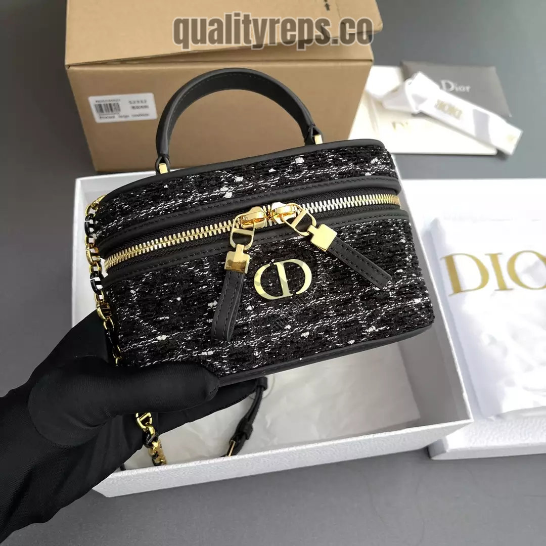 Dior Caro Mini Vanity Case Black Cannage Tweed Embroidery Quality Reps - Image 8