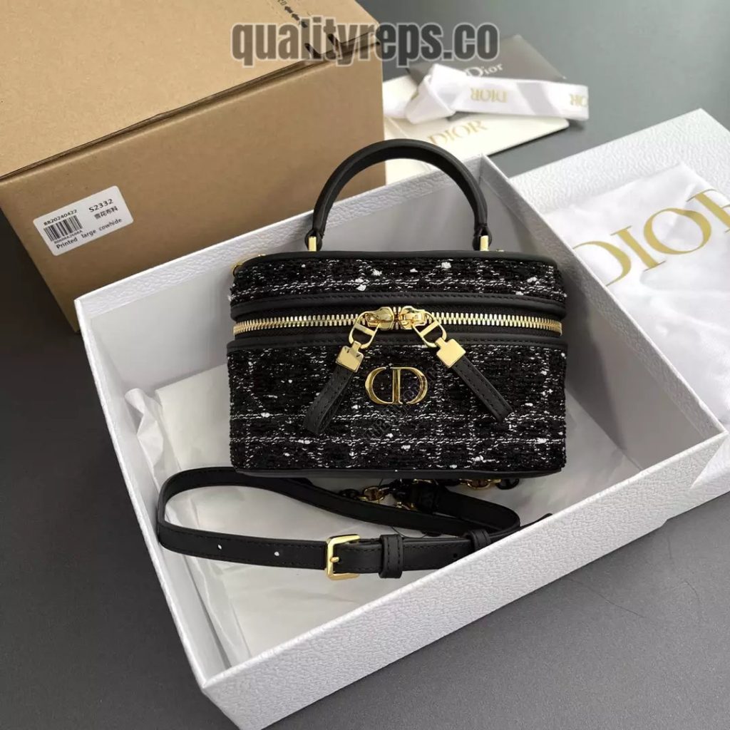 Dior Caro Mini Vanity Case Black Cannage Tweed Embroidery Quality Reps