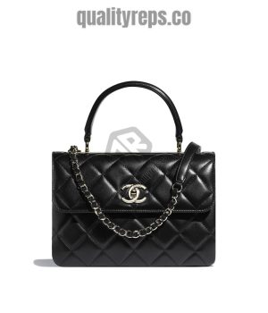 Flap Bag with Top Handle Lambskin Gold-Tone Metal Black CB016 Quality Reps