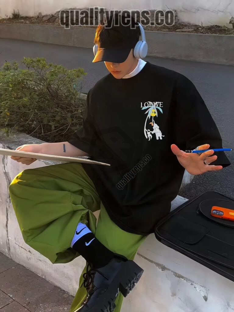 L Banana Tree Elephant Embroidered T-Shirt (White/Black) Quality Reps