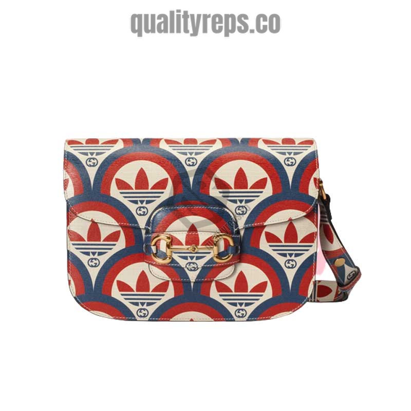 adidas x Gucci Horsebit 1955 Shoulder Bag Trefoil Print Blue and Red Leather GB093 Quality Reps