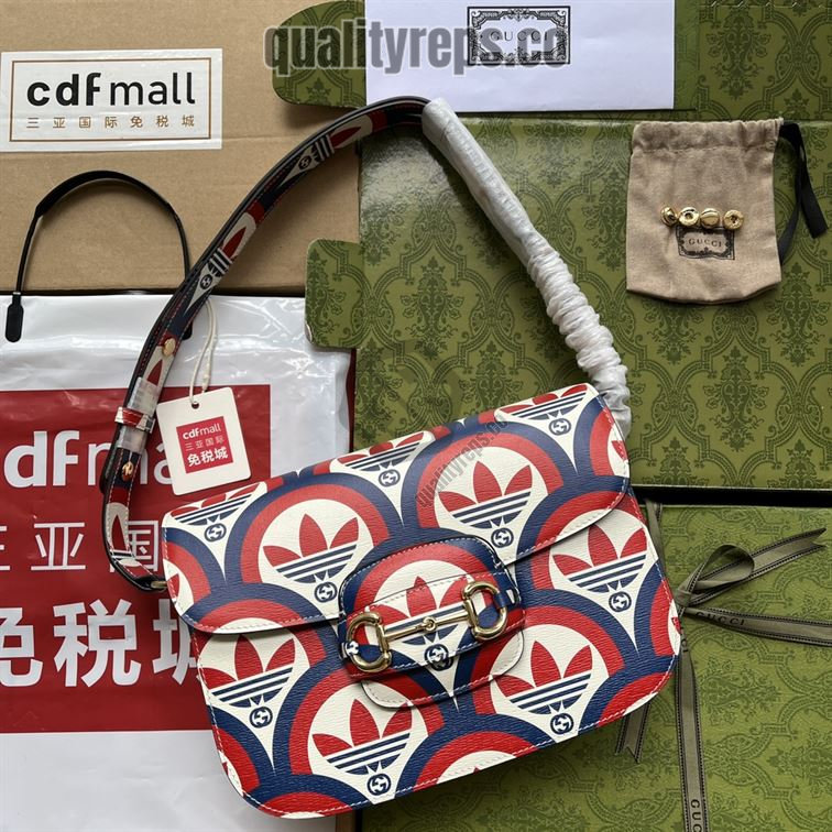 adidas x Gucci Horsebit 1955 Shoulder Bag Trefoil Print Blue and Red Leather GB093 Quality Reps - Image 2