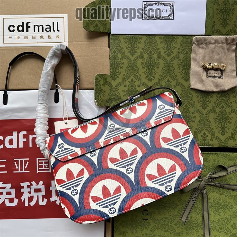 adidas x Gucci Horsebit 1955 Shoulder Bag Trefoil Print Blue and Red Leather GB093 Quality Reps - Image 3