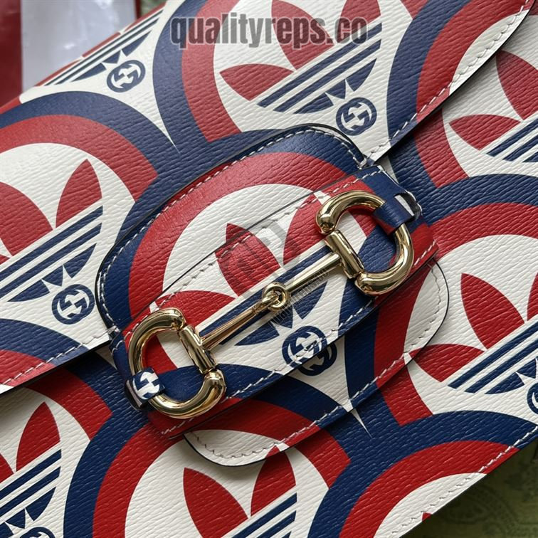 adidas x Gucci Horsebit 1955 Shoulder Bag Trefoil Print Blue and Red Leather GB093 Quality Reps - Image 4