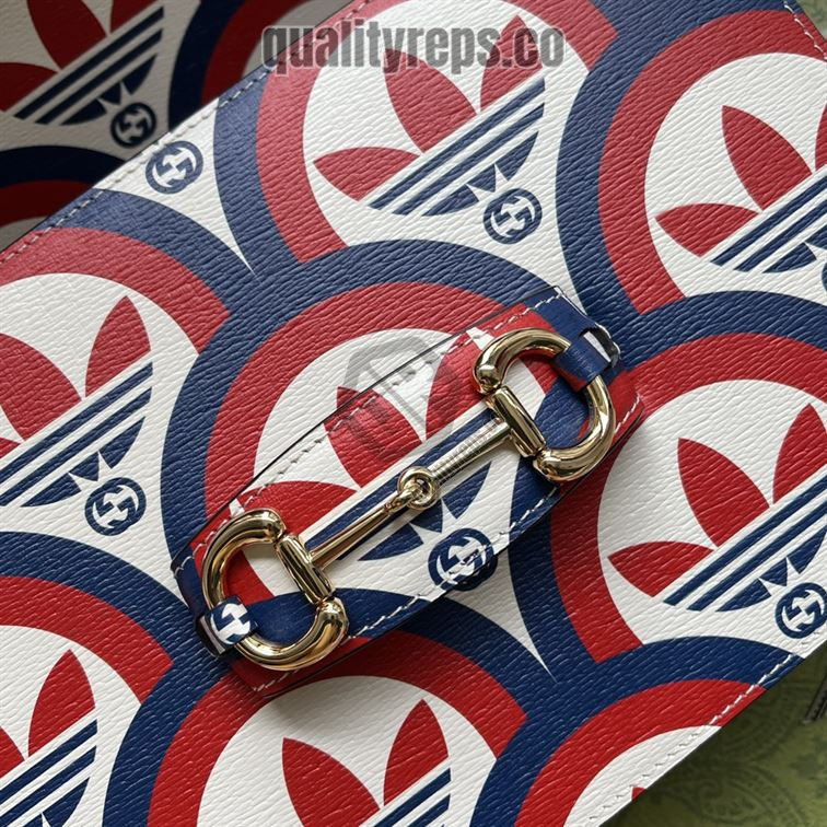 adidas x Gucci Horsebit 1955 Shoulder Bag Trefoil Print Blue and Red Leather GB093 Quality Reps - Image 5