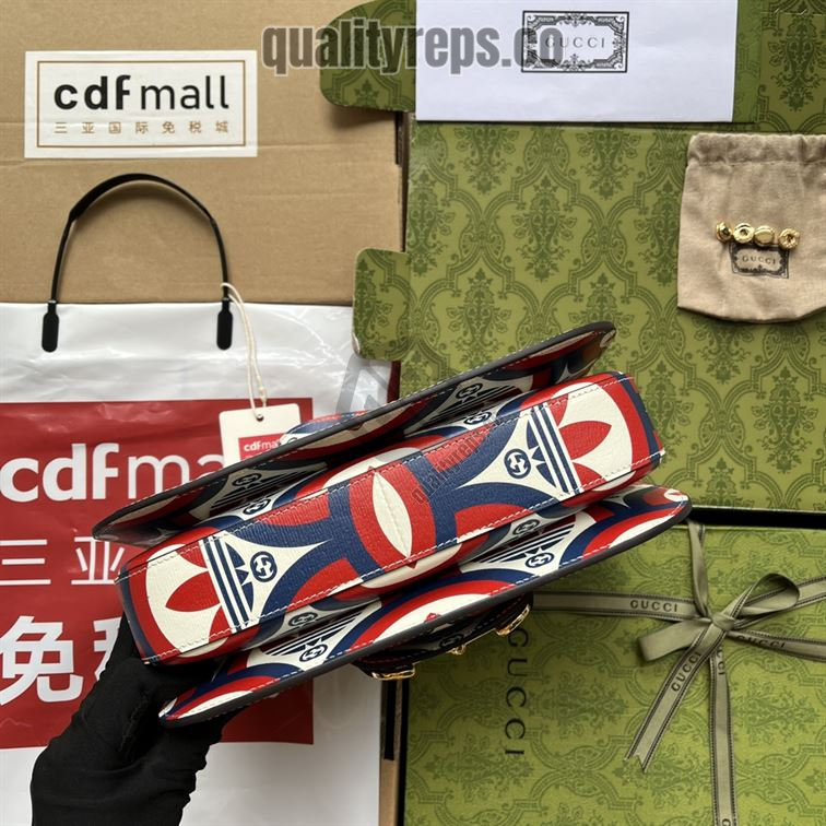 adidas x Gucci Horsebit 1955 Shoulder Bag Trefoil Print Blue and Red Leather GB093 Quality Reps - Image 6