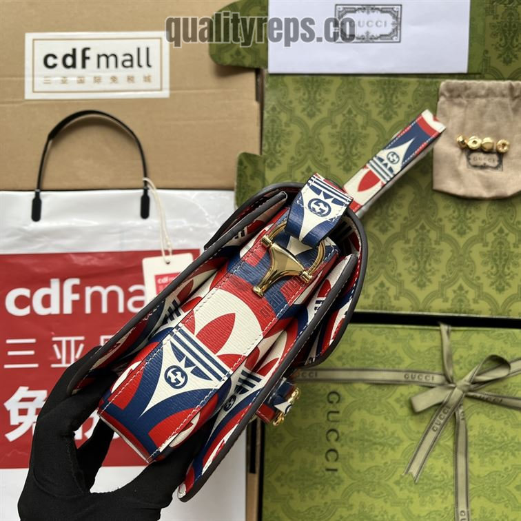 adidas x Gucci Horsebit 1955 Shoulder Bag Trefoil Print Blue and Red Leather GB093 Quality Reps - Image 9
